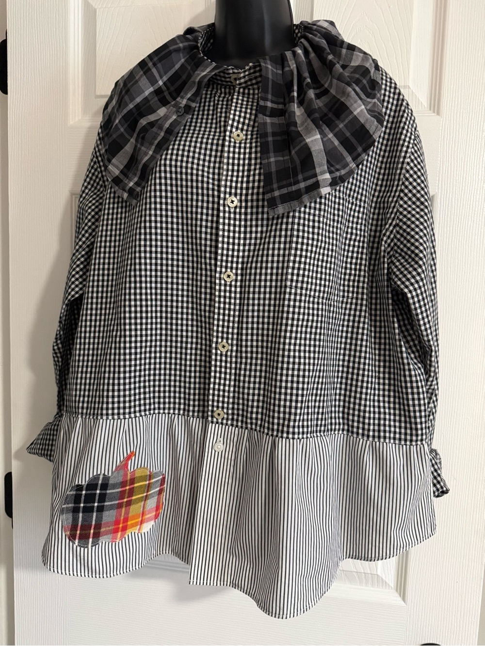 Upcycled Men’s button-down collared shirt for women.